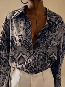 Vesra Women's Commuting Casual Snake Skin Print Button Front Long Sleeve Shirt, Autumn Snake Print Top