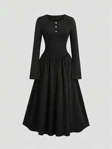 Sweetra Gothic Retro Slim Fit Flared Hem Dress, Intricate Embroidery Design, Fashionable For Halloween, Autumn/Winter - Black - View 3