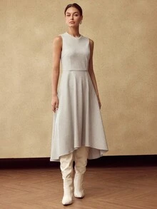MOTF PREMIUM WOMEN'S WOOL BLEND YARN-DYED STRIPED ASYMMETRIC HEM MIDI DRESS WITHOUT BELT - Grey - View 4