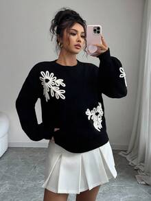 SHEIN Elenzya 女式刺绣圆领落肩长袖宽松针织毛衣，秋冬 - 黑色 - 查看 3