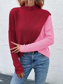 SHEIN LUNE Casual Color Block Stand Collar Wrap Sweater, Autumn/Winter - Multicolor - View 4