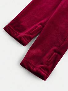 SHEIN Girlism 少女红色纯色天鹅绒优雅休闲连帽连体裤，个性化穿着，适合春季、秋季、冬季、圣诞节、春节、返校季 - 紅色 - 查看 5