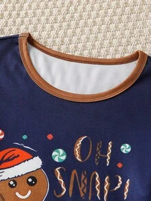 1套青少年男孩圣诞姜饼人印花长袖上衣和裤子睡衣套装