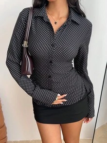 SHEIN EZwear Áo cánh dài tay họa tiết chấm bi thanh lịch dành cho nữ, mùa xuân/thu - màu đen - Xem 3