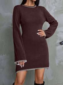 EURMUSE Women Color Block Sweater Dress With Striped Edges,Petite - Coffee Brown - View 6