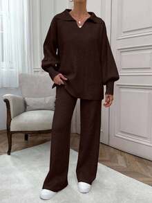 EURMUSE Rib Pattern Polo Neck Sweater And Pant 2pcs Set - Brown - View 6
