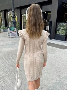 SHEIN Tween Girls Cute Cap Sleeve Fitted Pullover Knit Dress, Sweet & Fashionable Casual Versatile Autumn Winter Clothes FGirlmen - Apricot - View 2