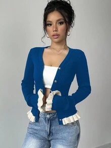 Elenzga Ruffle Trim Contrast Color Knit Cardigan - Teal Blue - View 5