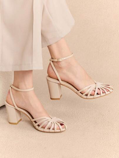 Rosivie 女士露趾粗跟踝带编织优雅高跟凉鞋，圣诞节必备