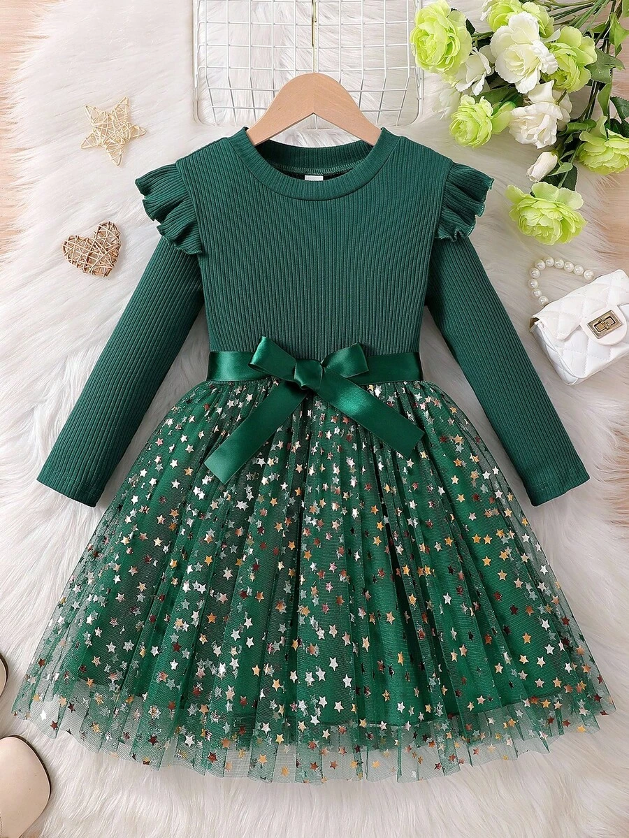 SHEIN Glamorique Kids 小女孩长袖针织薄纱星星网眼公主裙 - 綠色 - 查看 1