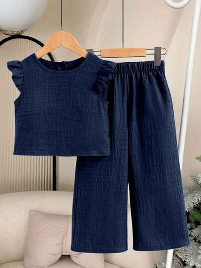 Elladie kids 女童纹理面料短袖纽扣后背T恤和休闲长裤两件套