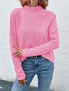 EMERY ROSE Women's Solid Color Stand Collar Drop Shoulder Long Sleeve Casual Pullover Sweater, Autumn/Winter - Pink - View 5
