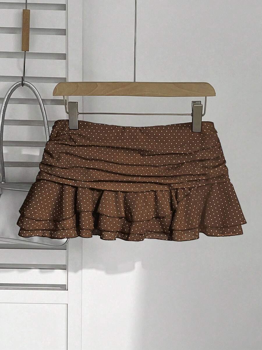 Elamini 时尚褶皱分层装饰甜美设计迷你裙迷人荷叶边波尔卡圆点度假风格A字裙 - 棕色 - 查看 1