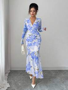 Elenzga 秋季新品返校季优雅花卉印花网眼性感V领褶饰腰部鱼尾下摆长袖紧身连衣裙 - 藍色 - 查看 3