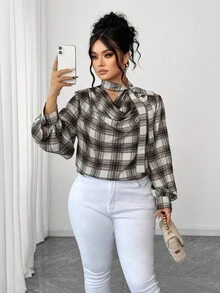 Elenzga Chemise à carreaux avec col châle pour femmes grandes tailles, automne/hiver - Marron - Voir 5