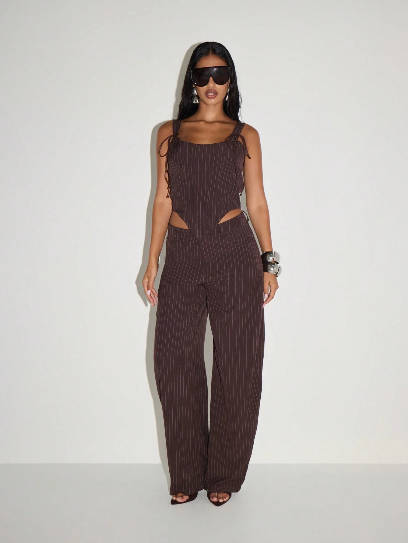 KIZN Pinstripe Corset Top With Side Cutouts And Lace Up Back