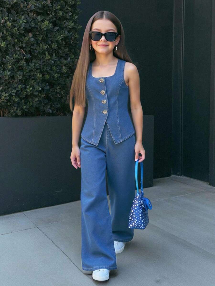 SHEIN Firerie Kids Young Girl Single-Breasted Sleeveless Top And Wide-Leg Jeans Casual Suit - Medium Wash - View 1