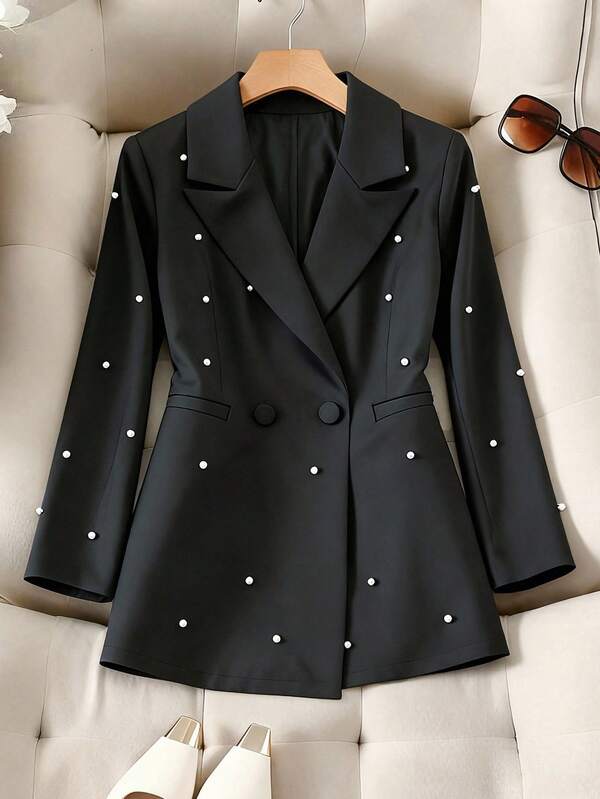 Franclia Plus Size Single Piece Beaded Woven Solid Color Blazer, Elegant And Fashionable Long Sleeve Women Jacket Suit Jacket For Women Polka Dots Women Blazers Women Blazers Polka Dot Blazer Suits For Women Dress Jacket