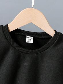 SHEIN 3件組小男孩休閒加厚外套背心、抓絨圓領字母刺繡運動衫與長褲，適合秋冬戶外穿著 - 黑色 - 查看 7