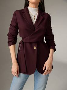 Heiryn 女式纯色长袖侧系带休闲/工作西装外套，秋季 - 酒紅色 - 查看 3