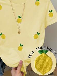 Resyla 女士休闲柠檬刺绣短袖T恤，夏季 - 黃色 - 查看 4