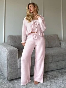 DAZY 3件套女士休闲针织长袖外套、无袖背心和裤子睡衣套装，秋冬季舒适保暖套装，秋季服装 - 淺粉色 - 查看 6