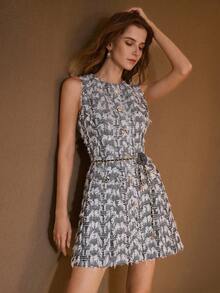 MOTF PREMIUM TWEED ALLOVER PATTERN GOLD BUTTON SHORT DRESS WITH STEREO FLOWER CHAIN BELT - Black - View 1