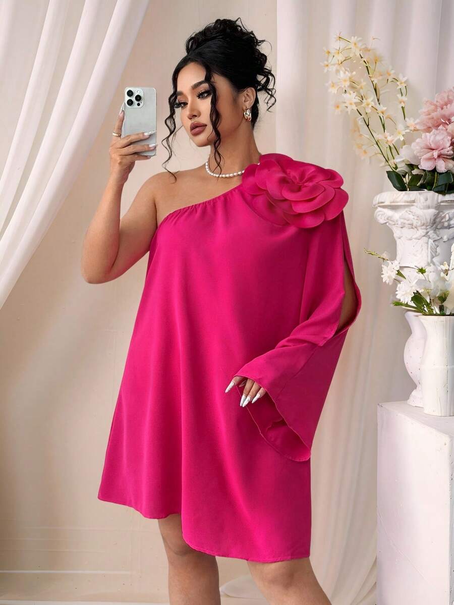 SHEIN Clasi 女士露肩花卉印花玫瑰红色迷你鸡尾酒连衣裙，夏季 - 玫紅色 - 查看 1