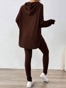 SHEIN Essnce Women's Dark Brown Autumn Casual Loungewear Solid Ribbed 2 Pieces Set,Drop Shoulder Long Sleeve Hoodie And Pants Knit Lounge Set Comfortable Outfit - Coffee Brown - View 2
