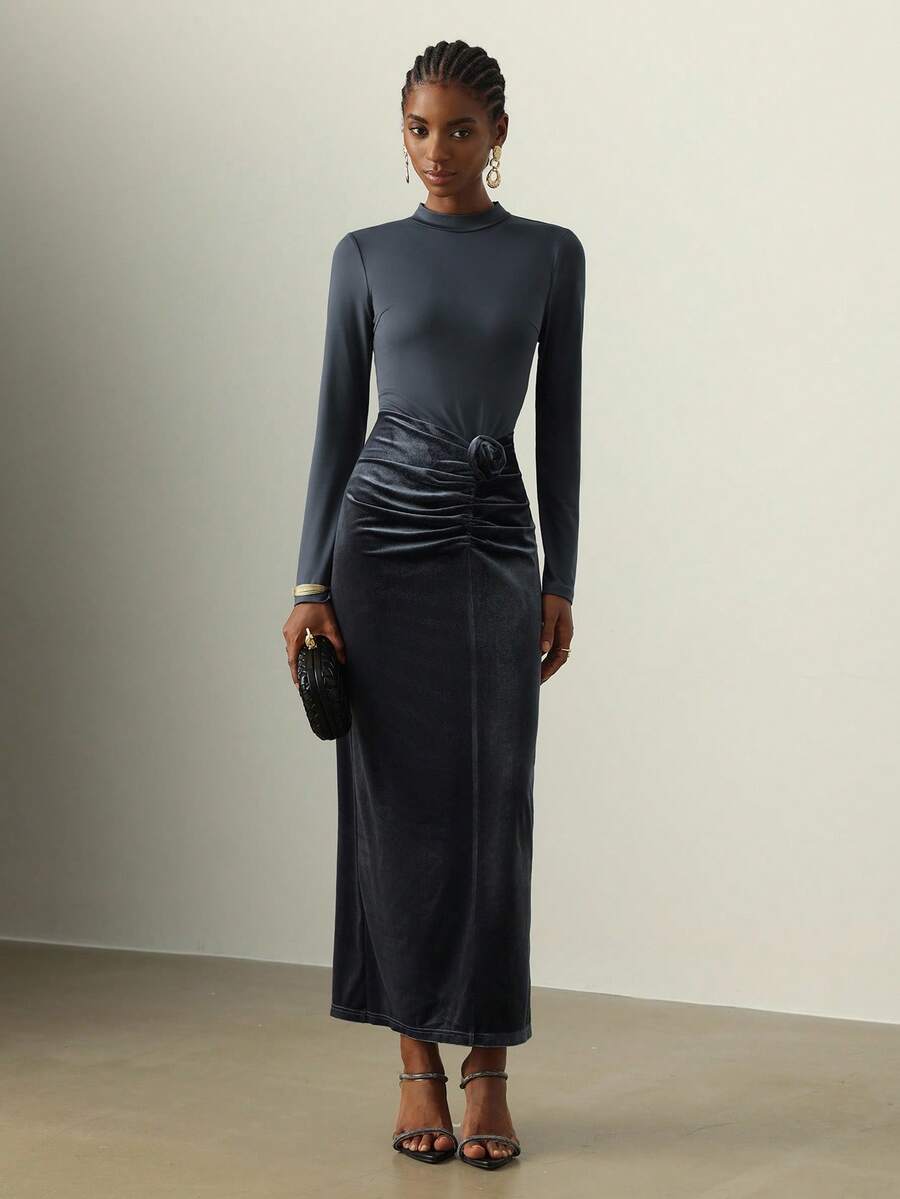 Vesra Vestido de mujer de otoño/invierno nuevo de punto ajustado con cuello alto de terciopelo, plisado y decoración floral