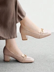 CUCCOO BIZCHIC Apricot Metallic Buckle Thick Heel Square Toe Women's High Heels, Suitable For Commuting, Dating, Party, Holiday, Office Wear - Apricot - View 3