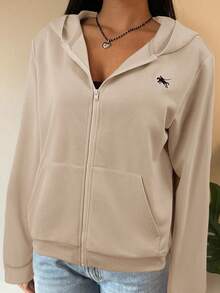 SHEIN EZwear Sweatshirt Berkerudung Rajut Abu-abu Wanita untuk Musim Gugur/Dingin - Khaki - View 5
