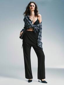 Airlisse Women's Autumn Simple Solid Color Side Tie Flare Pants - Black - View 2