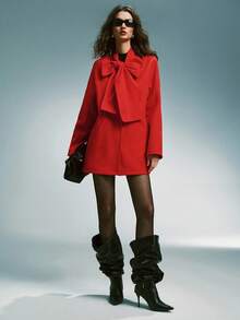 Airlisse Women's Red Lace-Up Bow Woolen Coat, Christmas - Red - View 2