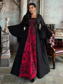 Lyrianda 大码女式复古朋克哥特式拼色喇叭袖连帽印花连衣裙，适合派对、万圣节、秋冬 - 紅色 - 查看 6