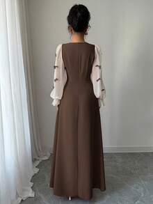 Modelyn 女式蝴蝶结装饰腰部收紧梭织拼布连衣裙 - 棕色 - 查看 2