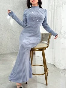 Feyla Damen Einfarbiges Kleid mit Stehkragen, Langarm, Künstliche Perlen Dekor, Figurbetont, Elegant, Gestrickt, Herbst/Winter - Blau - Übersicht 5