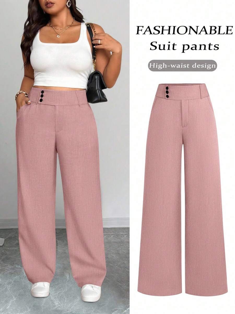 SHEIN Tall CURVE Quần ống đứng lưng rộng thoải mái cho nữ cỡ lớn - Hồng - Xem 1