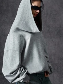 LYSMO Áo sweatshirt nữ dáng rộng vai rớt màu trơn tối giản phong cách thu đông 2025, áo sweatshirt oversized màu xám, áo hoodie nữ màu xám. - Màu Xám nhạt - Xem 8