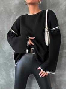 EURMUSE Contrast Trim Drop Shoulder Sweater - Black - View 4