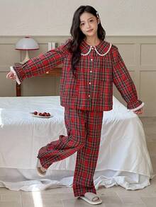 DAZY 青少年女孩休闲家居服睡衣，秋季 - 紅色 - 查看 3