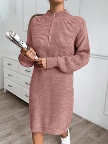 EURMUSE Women Plain Knit Design Knit Dress With Zipper Detail,Petite - Rusty Rose - View 4