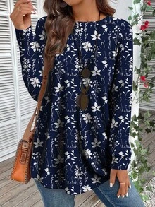 EMERY ROSE 女式休闲度假风格全身花卉印花长袖宽松 T 恤，春秋季 - 藏蓝色 - 查看 1