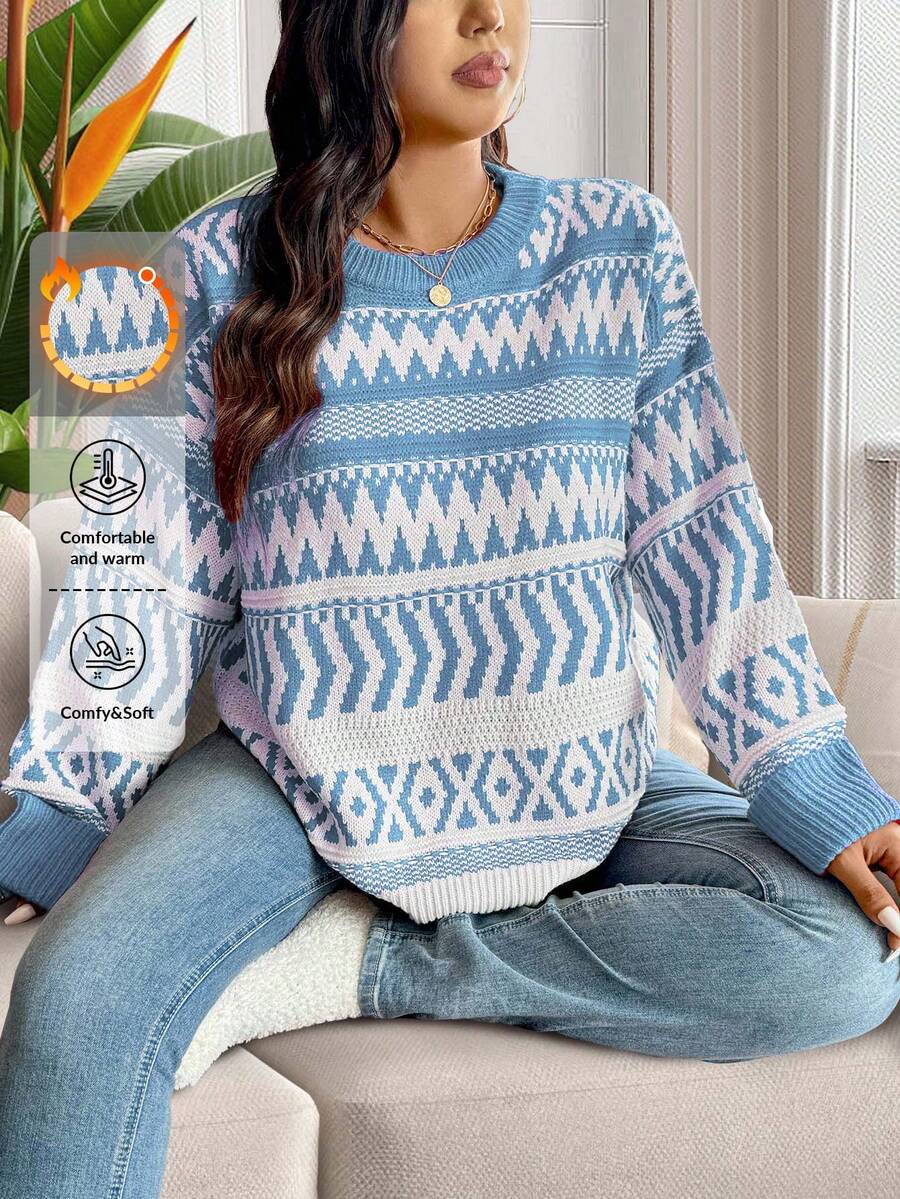 EURMUSE Plus Size Casual Christmas Geometric Pattern Plus Size Pullover Sweater For New Year Clothes - Baby Blue - View 1