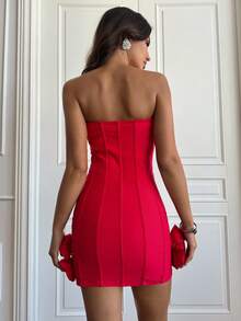 SHEIN BAE 红色纯色优雅露肩紧身连衣裙，带有 3D 花卉蕾丝装饰，适合鸡尾酒会、浪漫约会、伴娘、舞会、日常穿着、生日、公主风格 - 紅色 - 查看 2