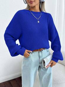Women Solid Color Round Neck Drop Shoulder Chunky Pullover - Royal Blue - View 5