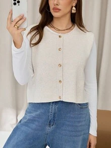 Auralis 大码女装秋冬时尚休闲宽松舒适日常简约百搭杏色毛衣背心开衫，秋季，返校，机场，休闲上衣，冬季，简约风格，基础款毛衣上衣 - 杏色 - 查看 6