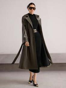 Heiryn Abrigo largo de mujer con cruce, cinturón y manga larga, dunicolordo, elegante, para otoño e invierno - Verde Oscuro - Ver 7