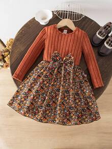 Emery Rose Kids Emery Rose Kids 年轻女孩罗纹修身拼布碎花圆领长袖修身休闲蛋糕 A 字连衣裙，秋冬新品，日常穿着，学校，秋冬 - 棕色 - 查看 6