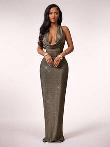 Radiana 女士优雅、奢华、性感、迷人的黑色和金色闪亮面料垂坠露背修身长裙，适合舞会、情人节、音乐会、庆典、狂欢节、节日、约会之夜、派对、生日、单身派对、鸡尾酒会、正式场合、俱乐部，凸显和修饰身材 - 黑色和金色 - 查看 4